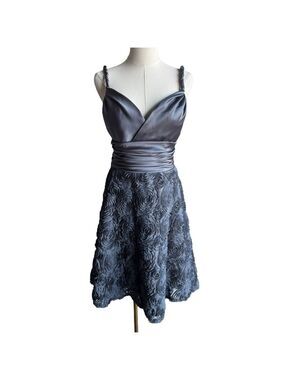 Forever Yours Floral Applique Dress Sz 10 Grey V-Neck Empire Waist Below Knee